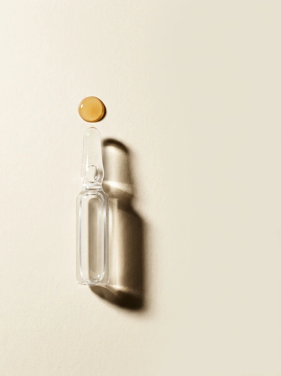 Ampola de vidro transparente com uma gota de sérum dourado, sobre papel creme.